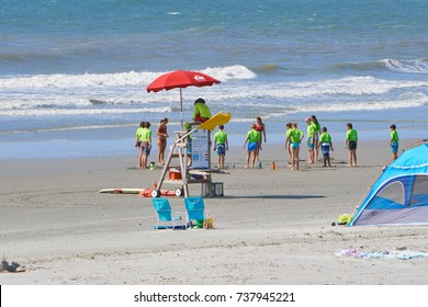 Folly Beach SC/USA-August 1,2017: Girls And Boys Junior Lifeguard Training At Folly Beach South Carolina                               