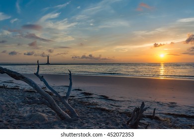 Folly Beach Sunrise With Morris Island Lighthouse.