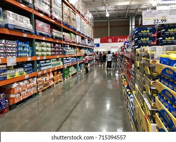 FOLSOM, USA - AUG 2, 2017: Costco Wholesale  Warehouse Pharmacy Aisle With Drugs, Medicine, Pills And Cosmetics. 