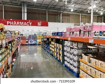 FOLSOM, USA - AUG 2, 2017: Costco Wholesale  Warehouse Pharmacy Aisle With Drugs, Medicine, Pills And Cosmetics. 