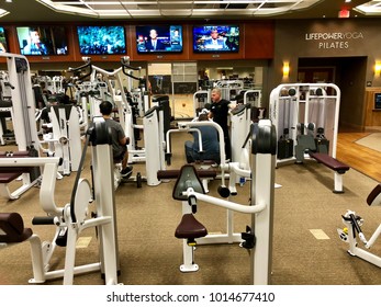 FOLSOM, USA - JAN 30, 2018: Weight Machines To Workout At Lifetime Fitness Gym.