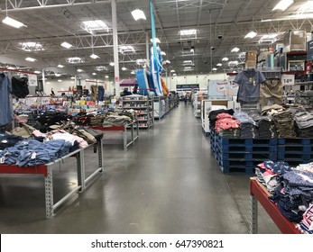 FOLSOM, USA - MAY 25, 2017: Sam's Club Walmart Wholesale Superstore, Shopping Aisle Inside  Warehouse