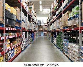 FOLSOM, USA - MAY 25, 2017: Sam's Club Walmart Wholesale Superstore, Shopping Isles Inside  Warehouse