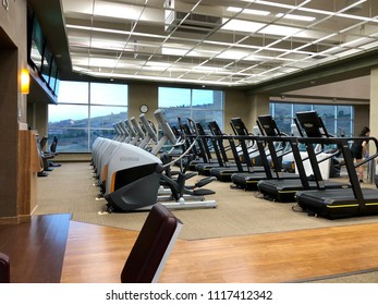 FOLSOM,CA, USA - JUN 13, 2018:  Lifetime Fitness Gym . Cardio Exercise Machines.