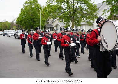 Fond Du Lac, Wisconsin / USA - May 27th, 2019: Fond Du Lac Cardinals High School Musical Marching Band Marched In The 2019 Fond Du Lac Memorial Parade.