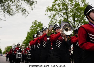 Fond Du Lac, Wisconsin / USA - May 27th, 2019: Fond Du Lac Cardinals High School Musical Marching Band Marched In The 2019 Fond Du Lac Memorial Parade.