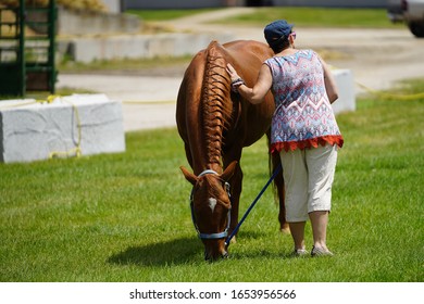 Fond Du Lac, Wisconsin / USA - July 17th, 2019: Older Woman Petting A Brown Horse While The Horse Feeds On Grass At The Fairgrounds Horse Riding Training Center. 