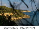 Fonda beach (Cala Fonda) and La Marquesa pine forest with the Mora tower and the cliffs in the background in a sunny day. Tarragona, Catalonia, Spain.