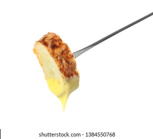 Fondue Stick With Cheese Covered Piece Of Bread On White Background