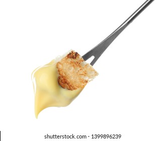 Fondue Stick With Cheese Covered Piece Of Bread On White Background