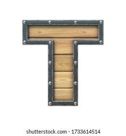 Font Made Of Wooden Board With Metal Frame And Rivets, 3d Rendering Letter T