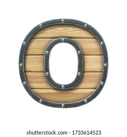 Font Made Of Wooden Board With Metal Frame And Rivets, 3d Rendering Letter O