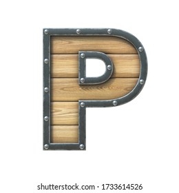 Font Made Of Wooden Board With Metal Frame And Rivets, 3d Rendering Letter P