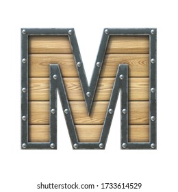 Font Made Of Wooden Board With Metal Frame And Rivets, 3d Rendering Letter M