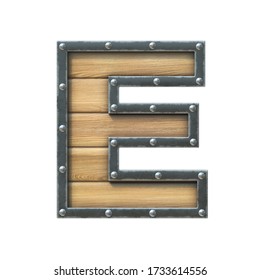 Font Made Of Wooden Board With Metal Frame And Rivets, 3d Rendering Letter E