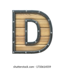 Font Made Of Wooden Board With Metal Frame And Rivets, 3d Rendering Letter D