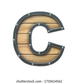 Font Made Of Wooden Board With Metal Frame And Rivets, 3d Rendering Letter C