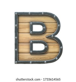 Font Made Of Wooden Board With Metal Frame And Rivets, 3d Rendering Letter B