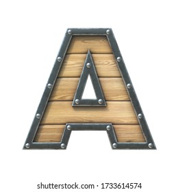 Font Made Of Wooden Board With Metal Frame And Rivets, 3d Rendering Letter A