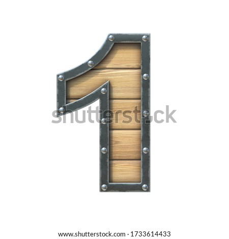 Font made of wooden board with metal frame and rivets, 3d rendering number 1