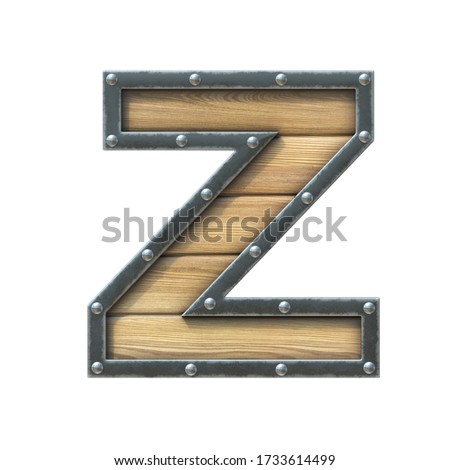 Font made of wooden board with metal frame and rivets, 3d rendering letter Z