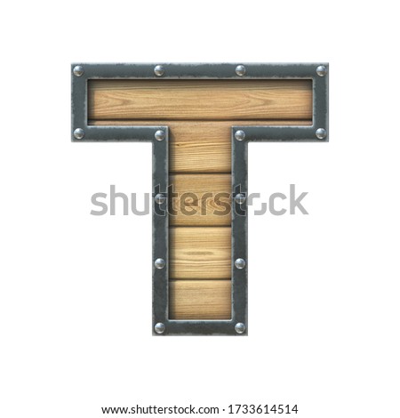 Font made of wooden board with metal frame and rivets, 3d rendering letter T