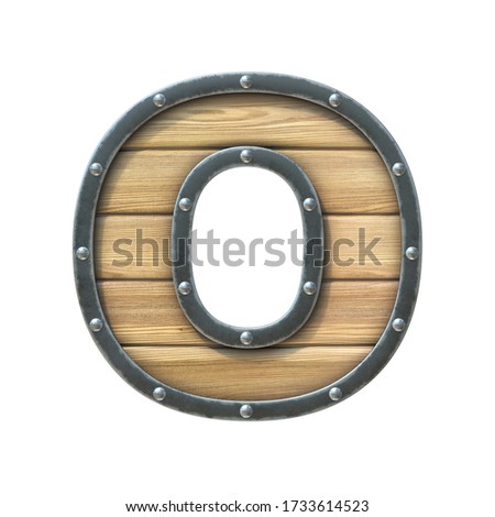 Font made of wooden board with metal frame and rivets, 3d rendering letter O