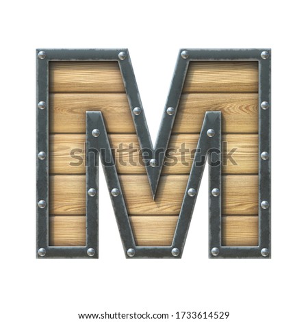 Font made of wooden board with metal frame and rivets, 3d rendering letter M