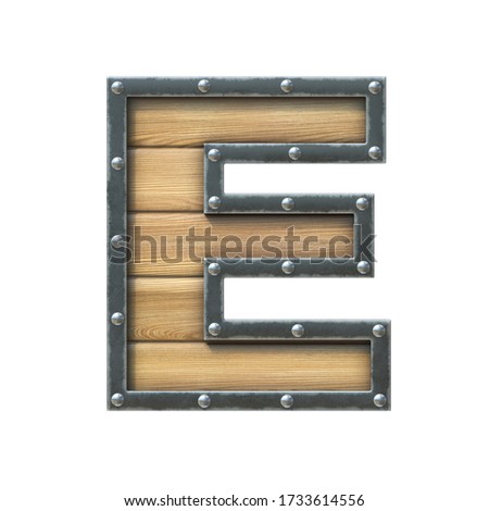 Font made of wooden board with metal frame and rivets, 3d rendering letter E