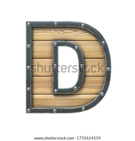 Font made of wooden board with metal frame and rivets, 3d rendering letter D