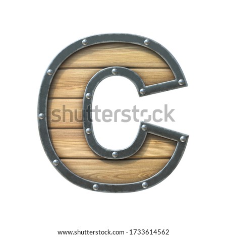 Font made of wooden board with metal frame and rivets, 3d rendering letter C