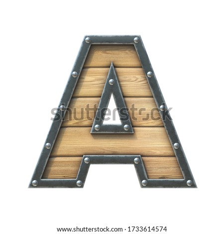 Font made of wooden board with metal frame and rivets, 3d rendering letter A