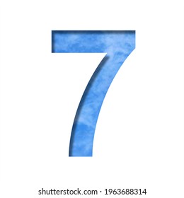 Font on blue sky.  The digit seven, 7 cut out of paper on a background of a bright blue sky with light clouds. Set of decorative natural fonts