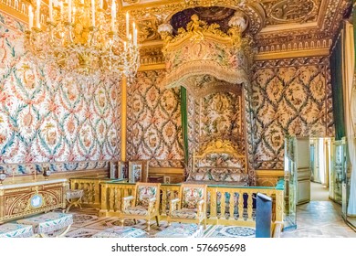 FONTAINEBLEAU, FRANCE - MAY 26, 2016 : Marie Antoinette's Bed in the Fontainebleau Palace. The Fontainebleau Palace was one of the main palaces of French kings.