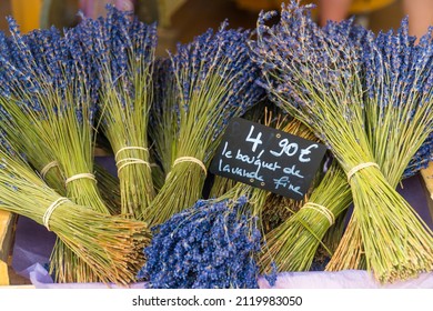 Fontaine-de-Vaucluse, Provence-Alpes-Côte d'Azur - France - July 6 2021: Lavender bunches placed on display to sell. - Shutterstock ID 2119983050