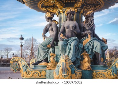 Fontaines De La Concorde (designed By Jacques Ignace Hittorff, 1840) On Place Concorde In Paris, France. 