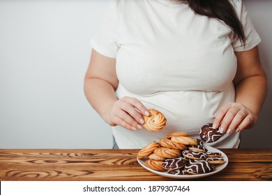 Food Addiction, Dieting Concept. Young Overweight Woman Eating Cookies. Sugar Addiction, Nutrition Choices, Conscious Eating, Overeating