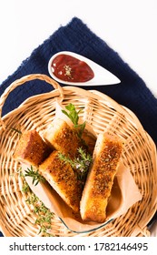 Food Appetizer Ideas For Party Concept Homemade Organic Garlic Bread Stick In Eco Wood Tray Box Packaging