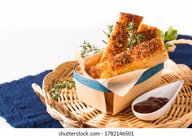 Food Appetizer Ideas For Party Concept Homemade Organic Garlic Bread Stick In Eco Wood Tray Box Packaging