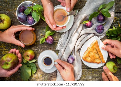 Food Apples Juice Pie Plum Coffee Tea On A Picnic In Nature In A Rustic Garden Sunny Afternoon Flat Lay Top View From Above Hands, The Concept Of Outdoor Recreation, Travel And Food