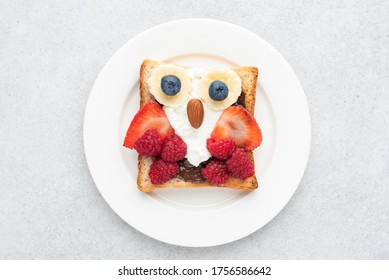 Food Art Breakfast Owl Toast For Kids With Chocolate Nut Spread, Cream Cheese And Berries. Top View Isolated On Grey Background