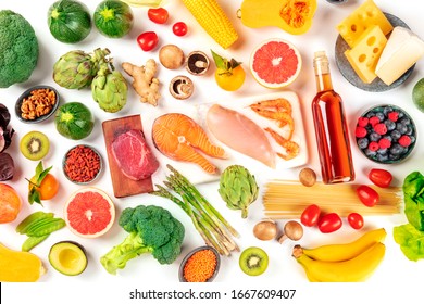 Food Assortment, A Flat Lay Of Various Products, With Meat, Fish, Chicken And Shrimps, Vegetables And Fruits, Wine And Cheese, Shot From Above On A White Background