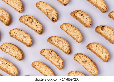 Food Background Freshly Baked Italian Cookies Biscotti or Cantuccini Blue Background Top View Pattern Horizontal