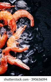 Food Background, Frozen Cooked Shrimp With Ice, Black Background, Top View