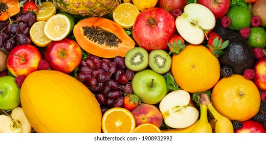 Obstsammlung mit Lebensmittelhintergrund Äpfel Beeren Banner Kiwi Orangen Fruchthintergründe