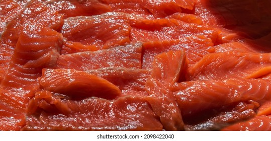 Food Background With Magnificent Smoked Wild Sockeye Salmon.