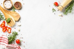 Food Background With Spices, Herbs And Utensil On White Background.