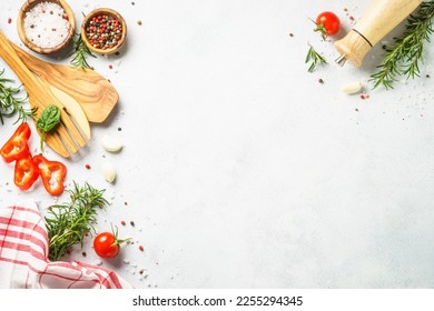 Food background with spices, herbs and utensil on white background. - Shutterstock ID 2255294345