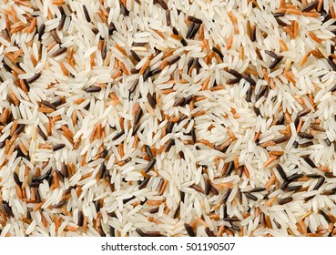 Food background with three mixed of Thai rice varieties : brown rice, mixed wild rice, white (jasmine) rice. species Oryza sativa.