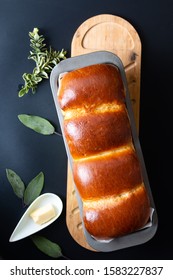 Food Baking Concept Fresh Baked Organic Homemade Soft Milk Loaf Bread In Loaf Pan With Copy Space